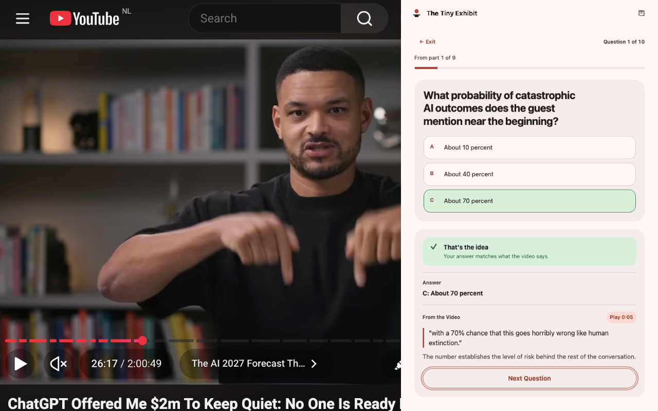 The Tiny Exhibit beside a YouTube video, showing a question, selected answer, and exact source quote
